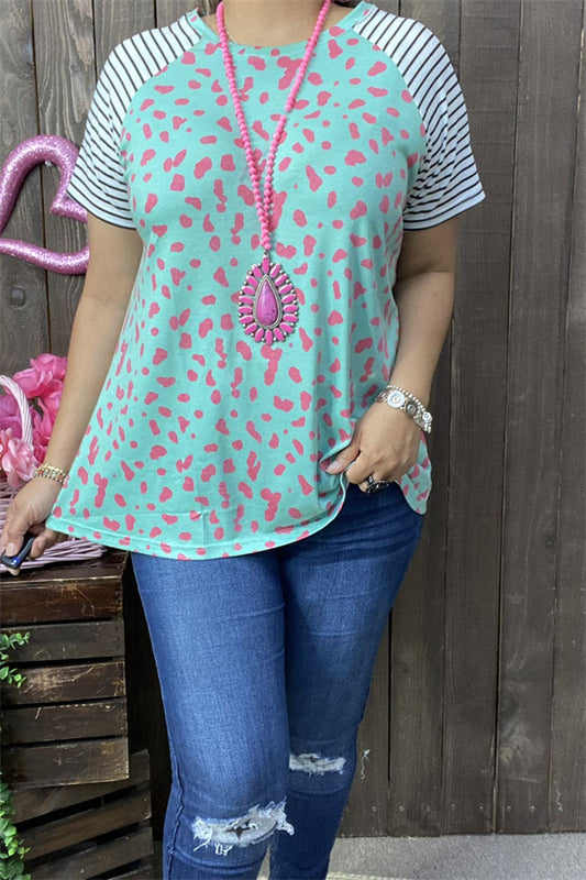 GJQ9593 Mint/pink leopard printed w/striped short sleeves women top