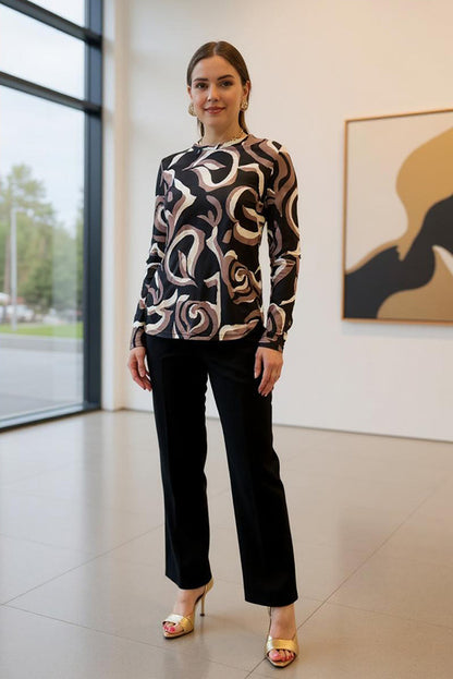 Plus size marble pattern printed long sleeve women blouse GJQ16426