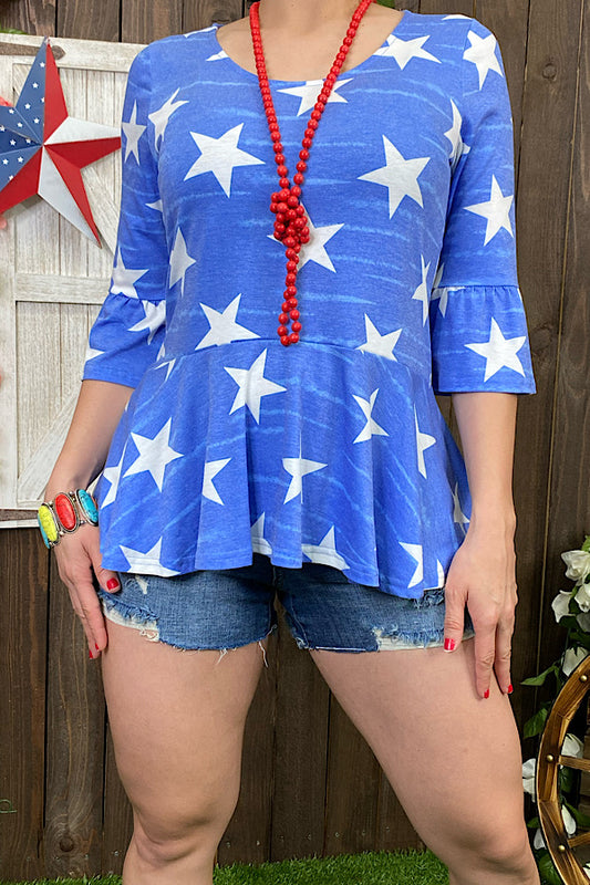 Bq10914 Blue star printed 3/4 sleeve baby doll top