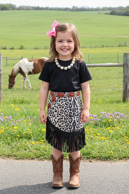 XCH04004 Black short sleeve top suede leopard skirts with fringe 2pcs girls sets