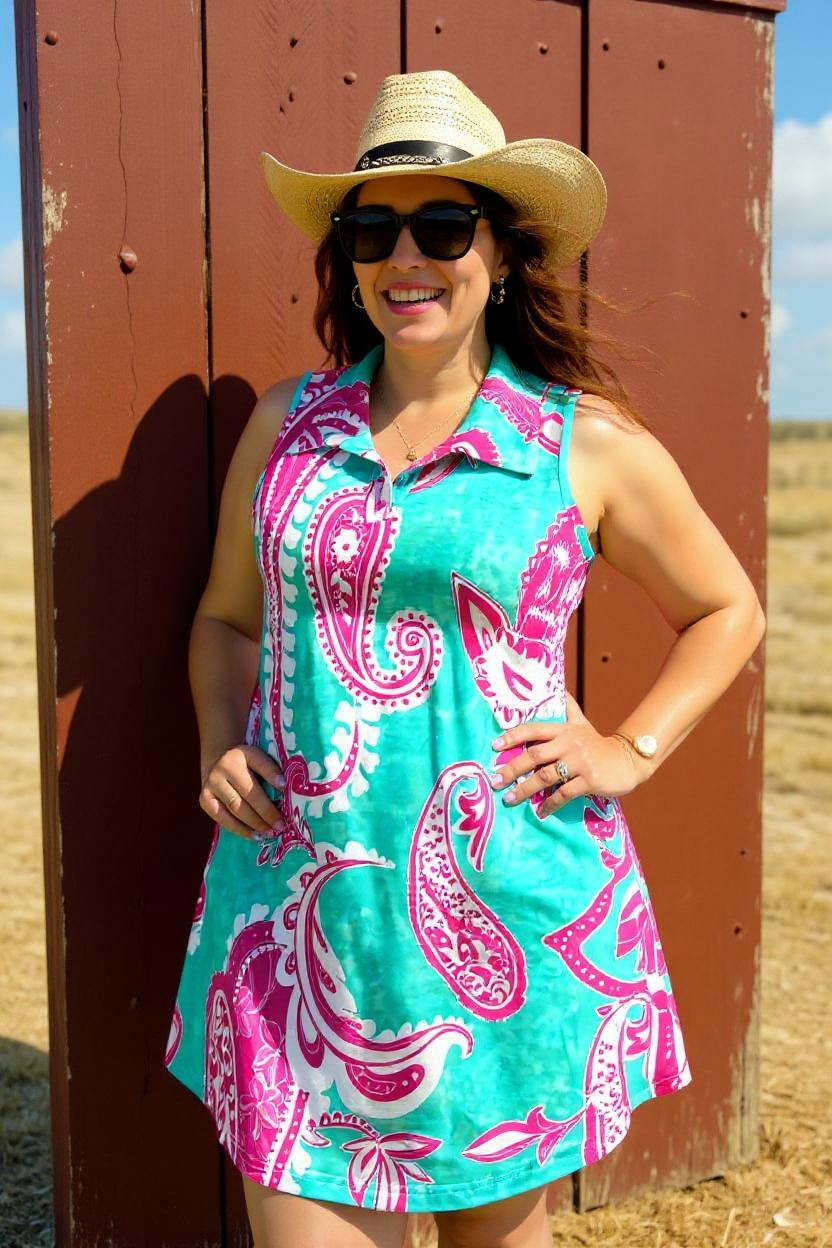 BQ14561 Pink paisley prints sleeveless women dress