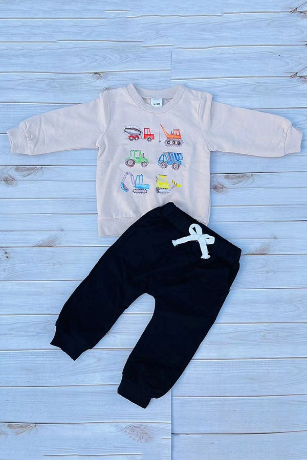 Restock--Tractor printed top black pant 2pc baby boy set 250939M