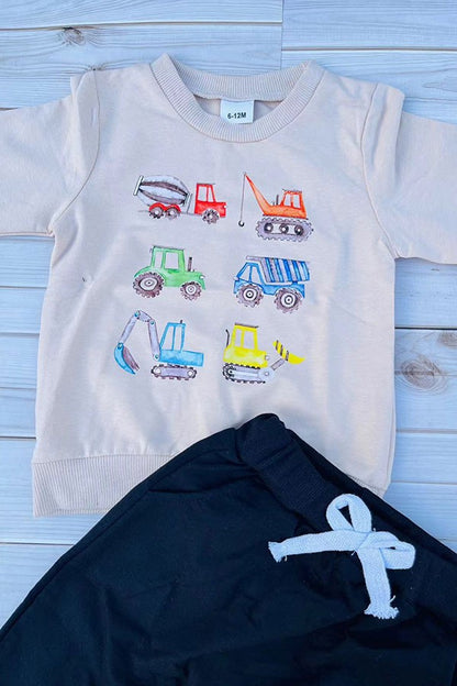 Restock--Tractor printed top black pant 2pc baby boy set 250939M
