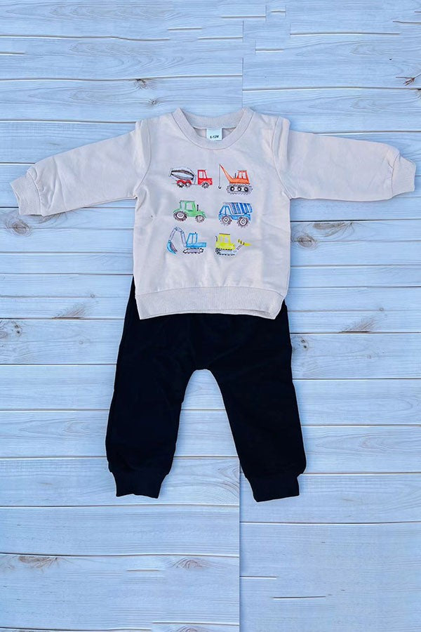 Restock--Tractor printed top black pant 2pc baby boy set 250939M