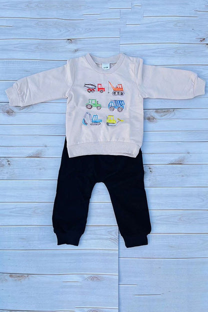 Restock--Tractor printed top black pant 2pc baby boy set 250939M