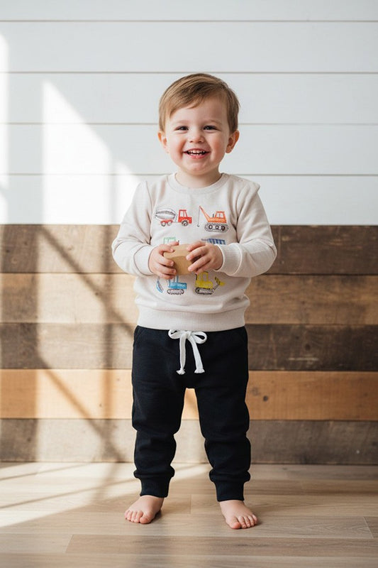 Restock--Tractor printed top black pant 2pc baby boy set 250939M