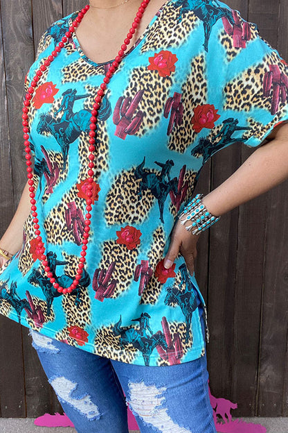 BQ1024 Horse riding leopard multi color printed short sleeves women tops