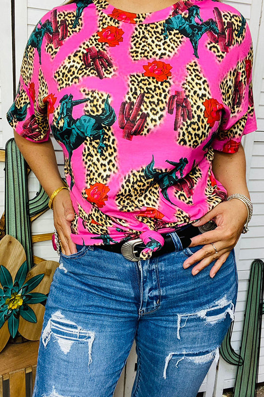 BQ1025 Pink leopard & western printed short sleeve blouse