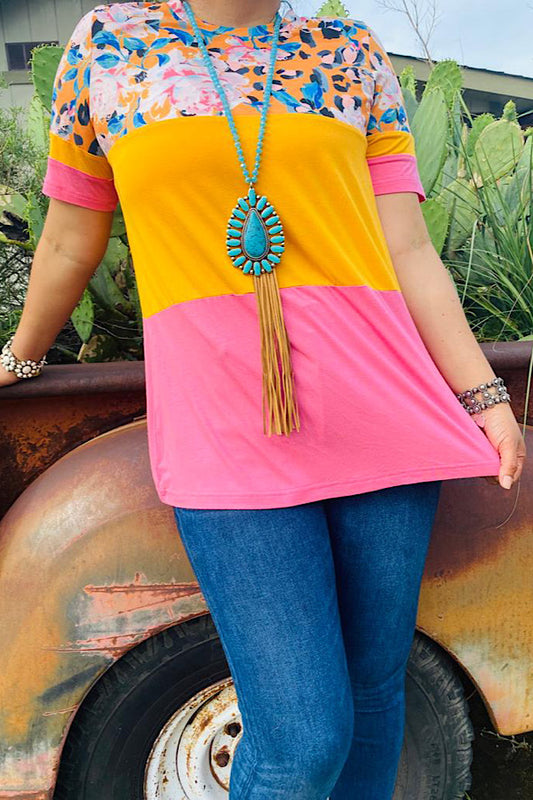 BQ10424 Pink/yellow & floral color block short sleeve top