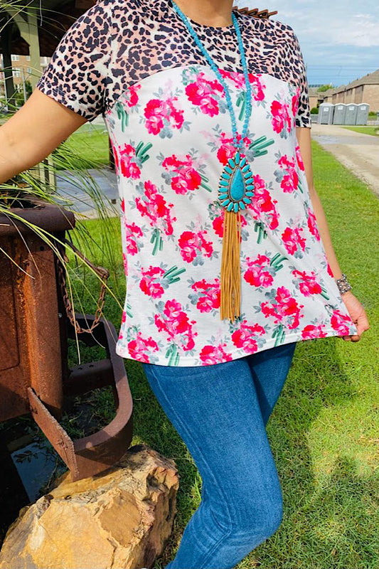 BQ10504 Floral/cactus & leopard printed short sleeve top