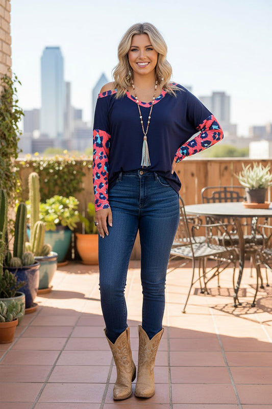 Western leopard & navy blue cold shoulder women's boutique top BQ10505