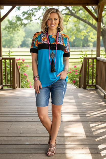Western snake/leopard & sunflower turquoise women's boutique top BQ10627