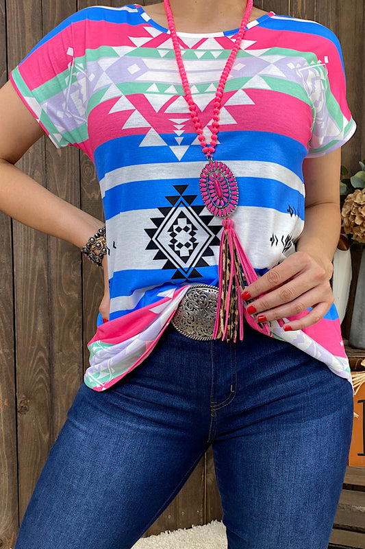 BQ11266 Multi color Aztec printed short sleeve top