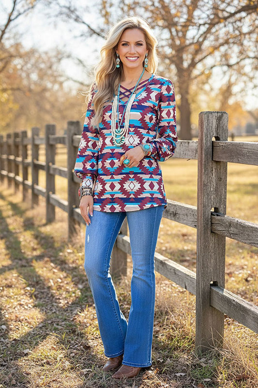 Western aztec bubble sleeve w/criss cross neckline women's boutique top BQ11481