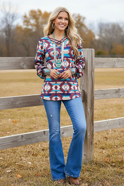 Western aztec bubble sleeve w/criss cross neckline women's boutique top BQ11481