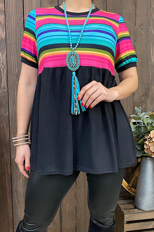 BQ11486 Black & multi color serape baby doll short sleeve blouse