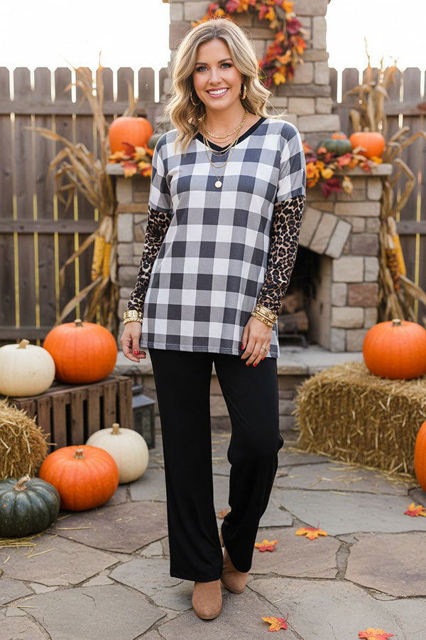 Western checkered & leopard patchwork boutique women's top BQ11648