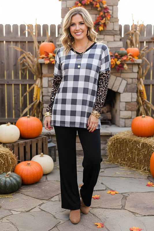Western checkered & leopard patchwork boutique women's top BQ11648