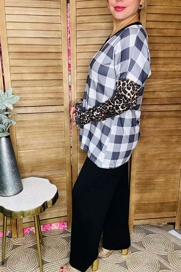 Western checkered & leopard patchwork boutique women's top BQ11648