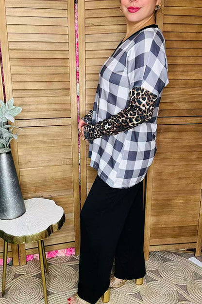 Western checkered & leopard patchwork boutique women's top BQ11648