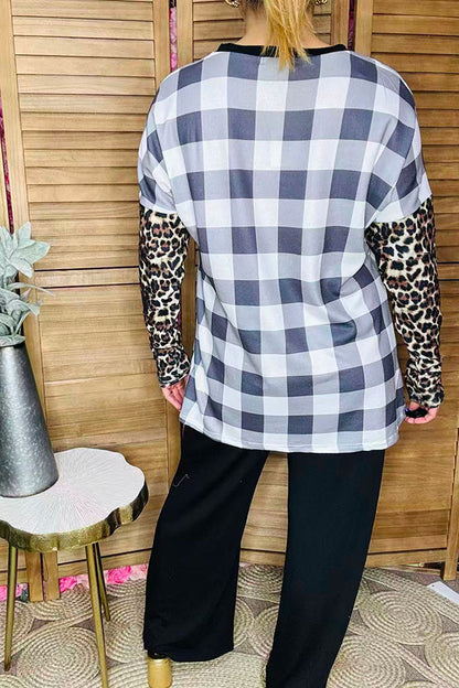 Western checkered & leopard patchwork boutique women's top BQ11648