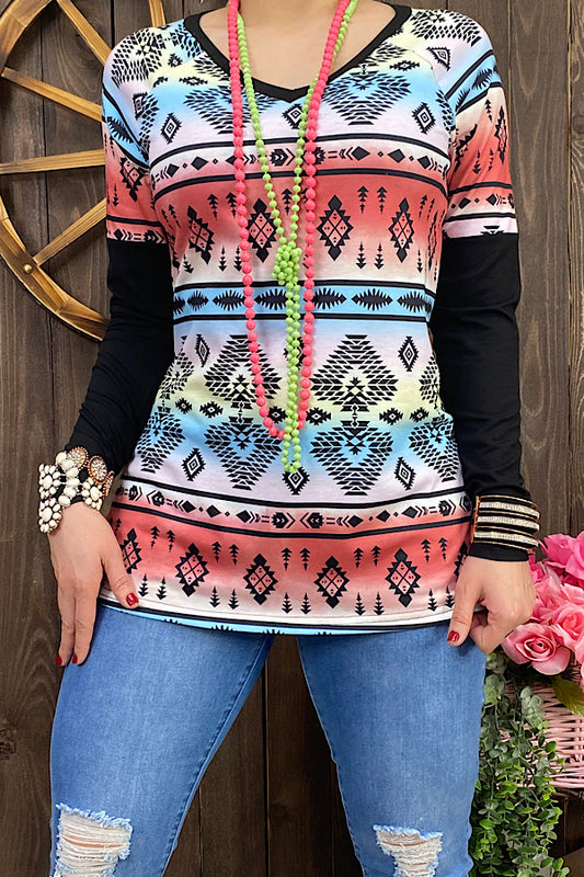 BQ11869 Red & blue Aztec printed top wblack long sleeves   cs9