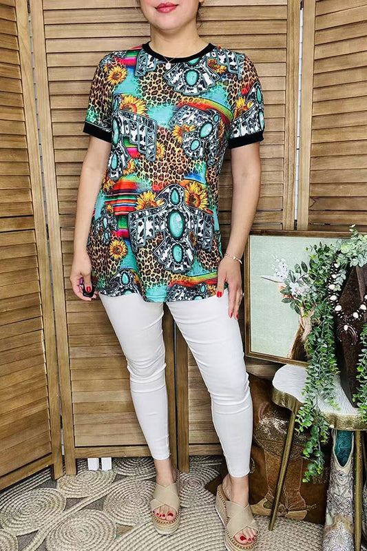 T-shrit wholesale Thunderbird serape & animal print short sleeve women's top BQ12453