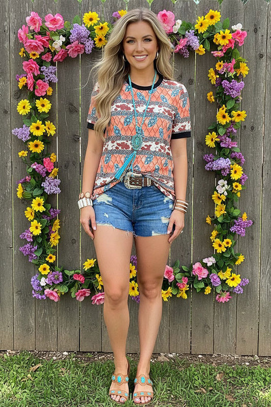 Orange turquoise jewel & cow printed short sleeve top BQ12459