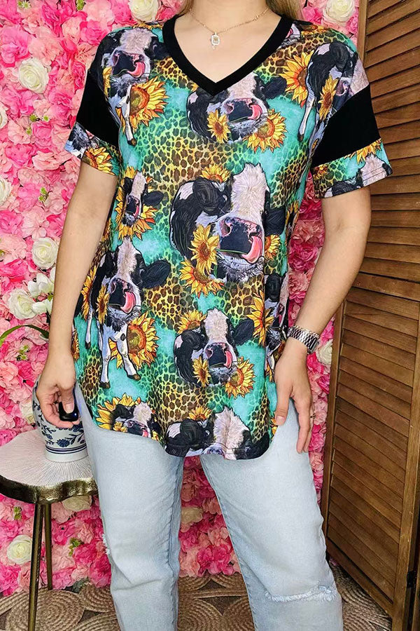 Shop Cow & sunflower leopard black multi color  printed short sleeve tops BQ12527