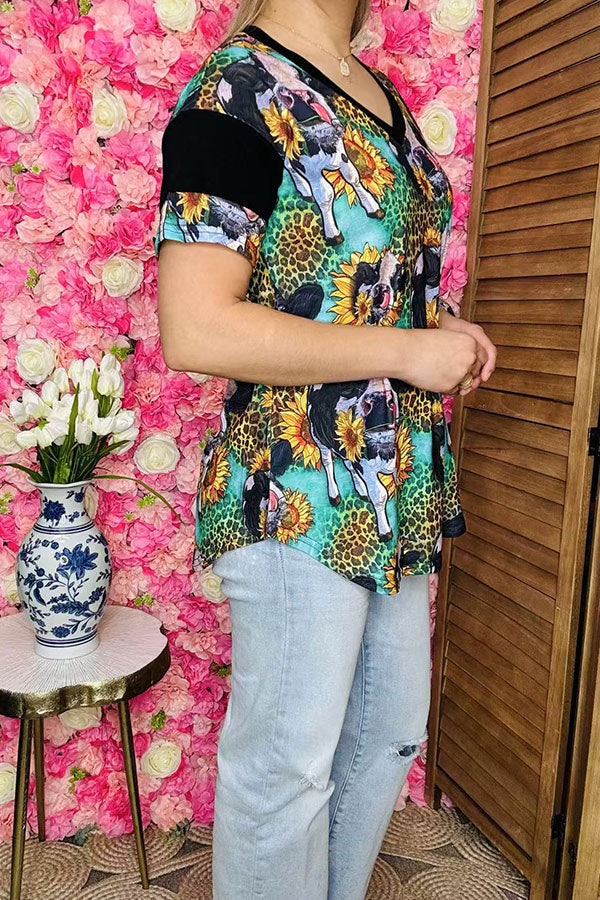 Shop Cow & sunflower leopard black multi color  printed short sleeve tops BQ12527
