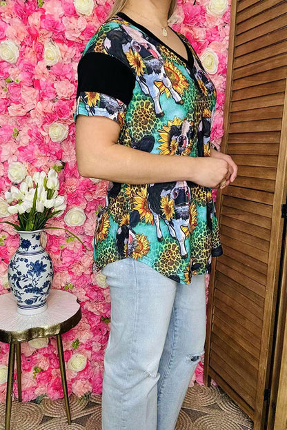 Shop Cow & sunflower leopard black multi color  printed short sleeve tops BQ12527