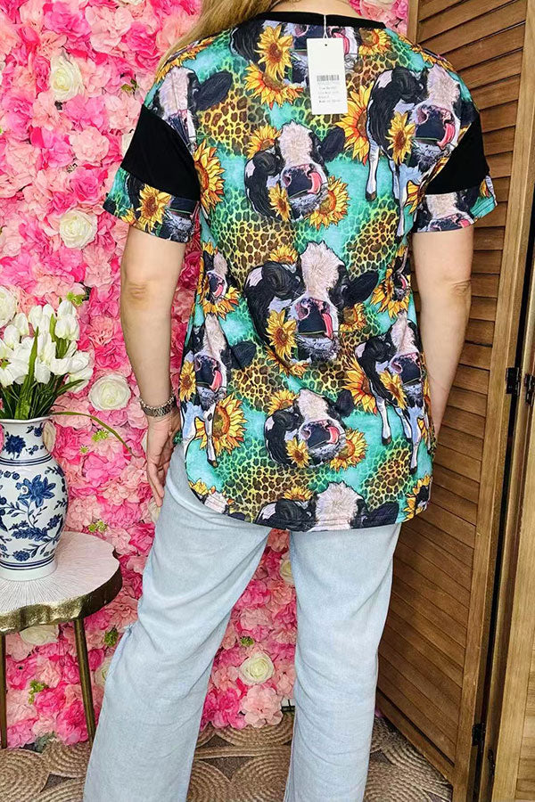 Shop Cow & sunflower leopard black multi color  printed short sleeve tops BQ12527