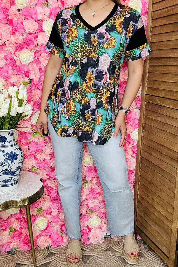 Shop Cow & sunflower leopard black multi color  printed short sleeve tops BQ12527