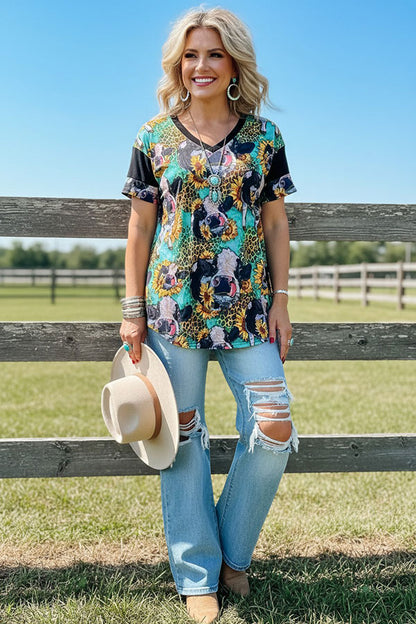 Western leopard & cow & sunflower short sleeve women's boutique top BQ12527