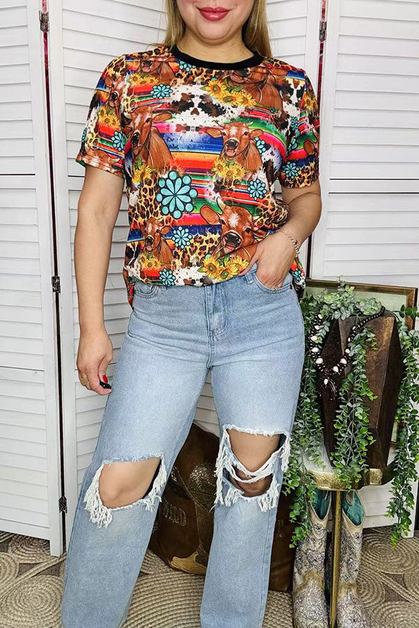 Western women's t-shirt Serape & cow jewels printed w/short sleeve BQ12530