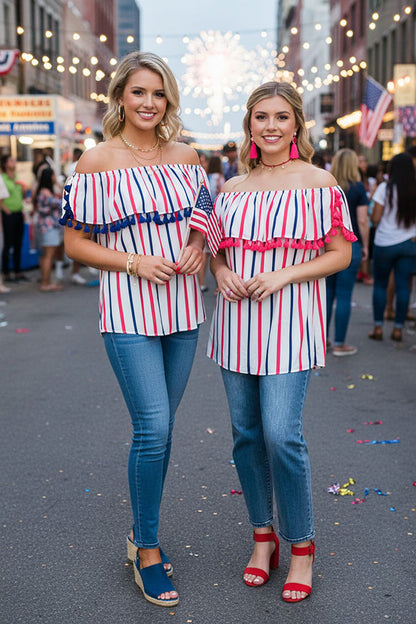 4th July Stripe printed off shoulder women tops  BQ13343-2 (FS3)
