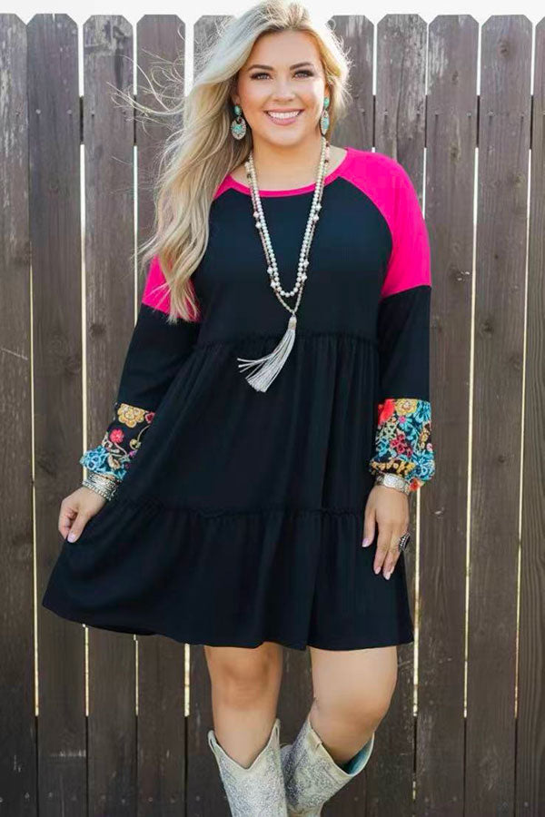 Western patchwork raglan sleeve black women's boutique dress BQ13811