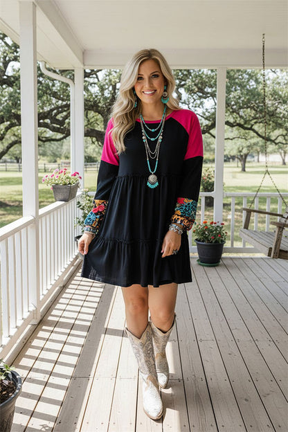 Western patchwork raglan sleeve black women's boutique dress BQ13811