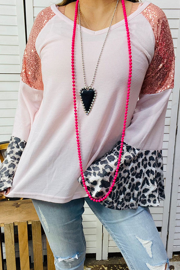 BQ13928 Leopard, pink, sequin bell raglan long sleeve blouse