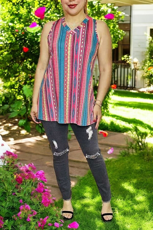 Women's clothing wholesale Aztec & striped printed sleeveless tops BQ14013