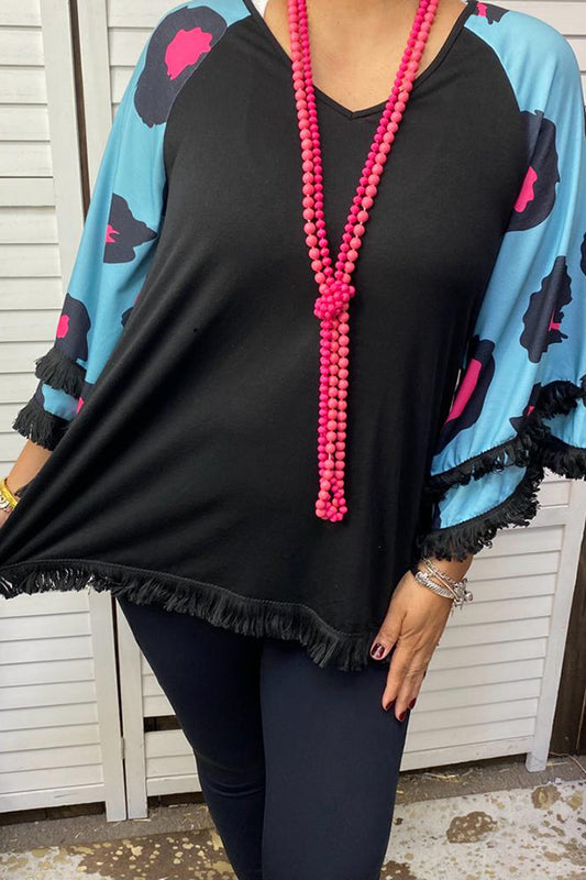 BQ14200 Black & Leopard printed raglan bell sleeve top w/tassels