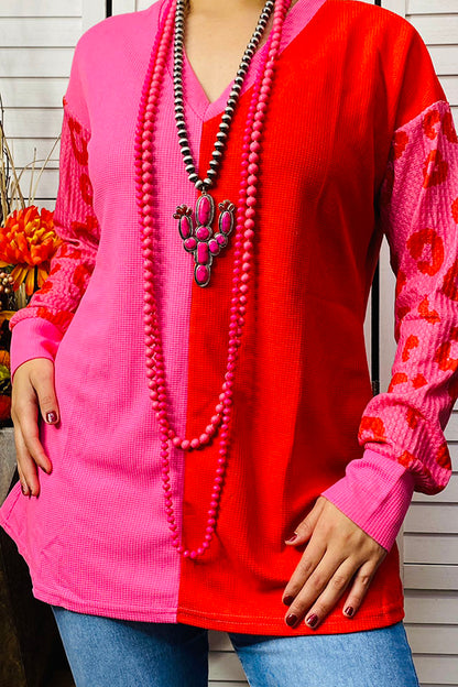 BQ14205 Half pink,red leopard printed long sleeve v-neck top