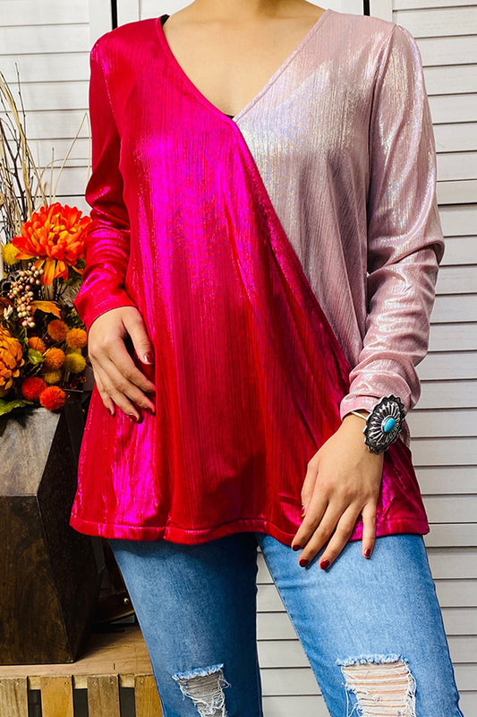 BQ14307 Hot pink & light pink metallic long sleeve top