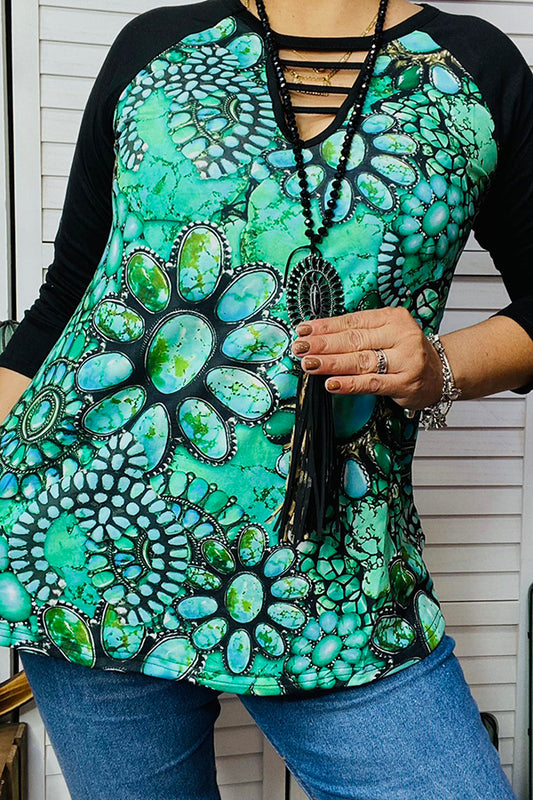 BQ14386 Turquoise jewelry printed black raglan sleeve top with/keyhole