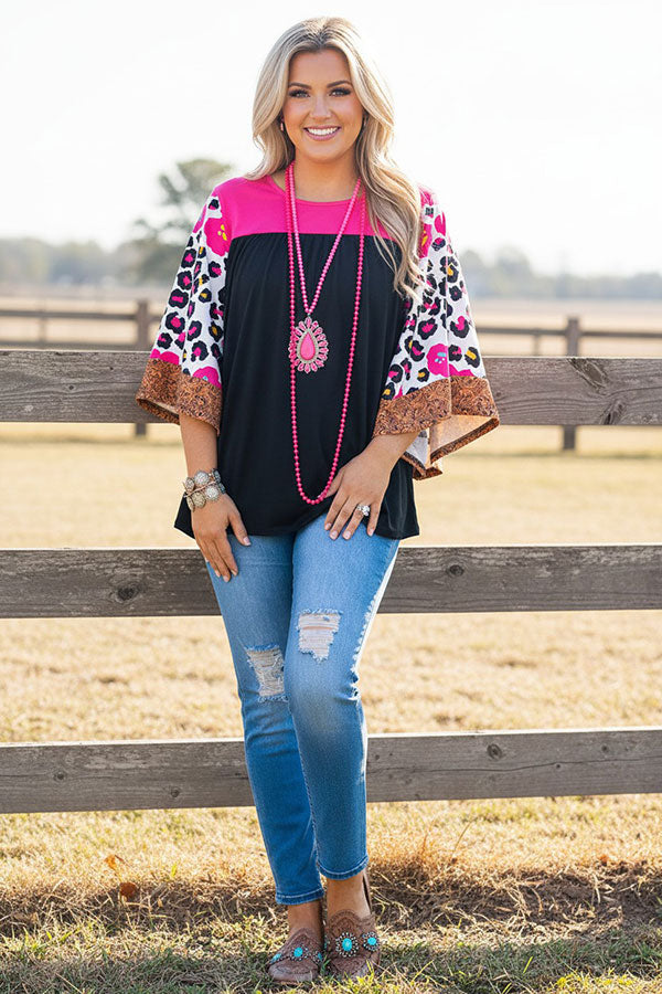 Western leopard bell sleeve pink & black women's boutique top BQ14559