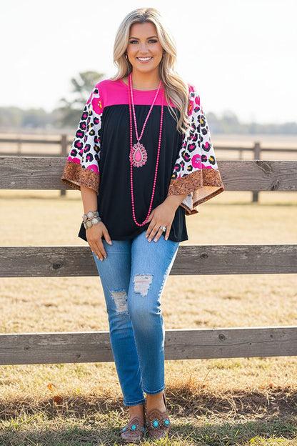 Western leopard bell sleeve pink & black women's boutique top BQ14559
