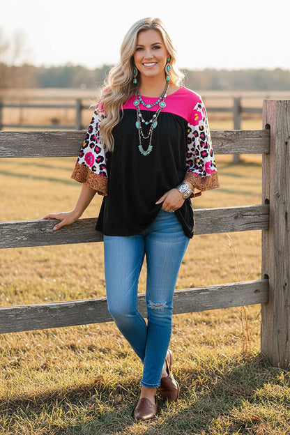 Western leopard bell sleeve pink & black women's boutique top BQ14559