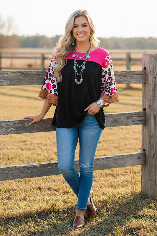 Western leopard bell sleeve pink & black women's boutique top BQ14559