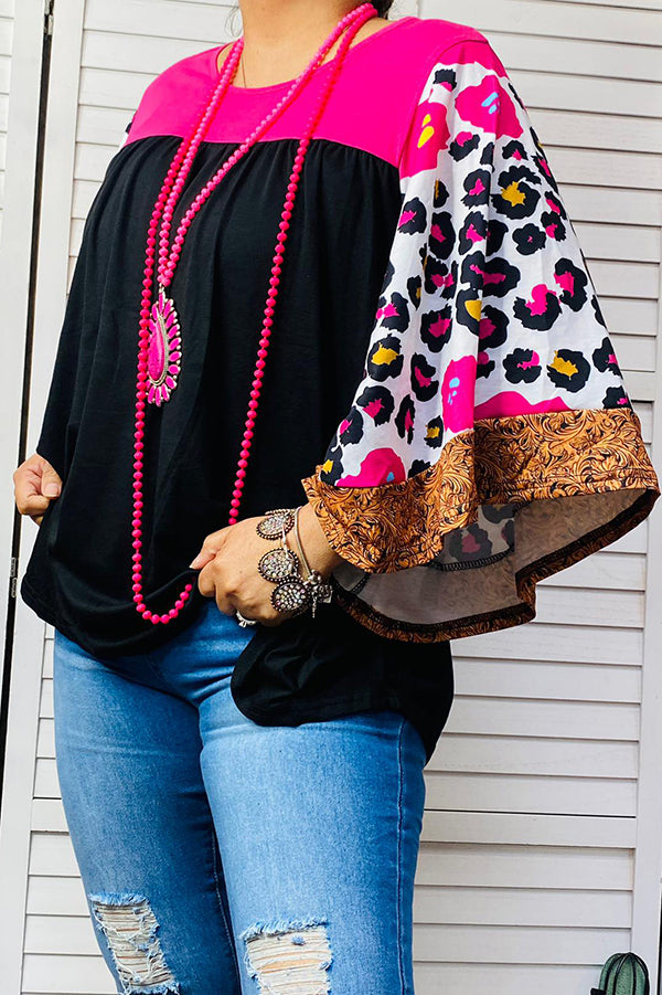 Western leopard bell sleeve pink & black women's boutique top BQ14559