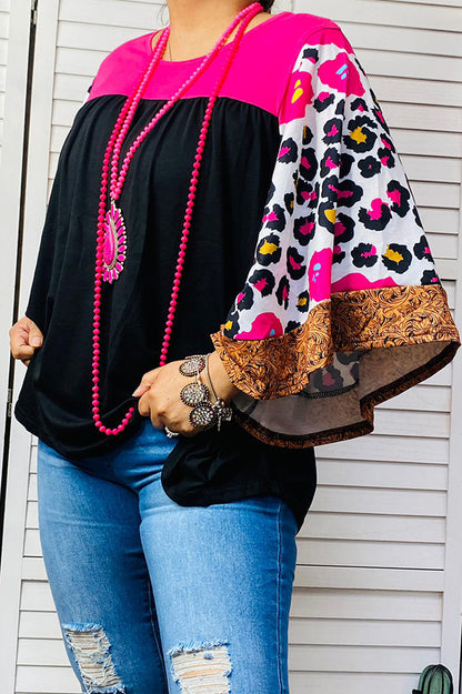 Western leopard bell sleeve pink & black women's boutique top BQ14559